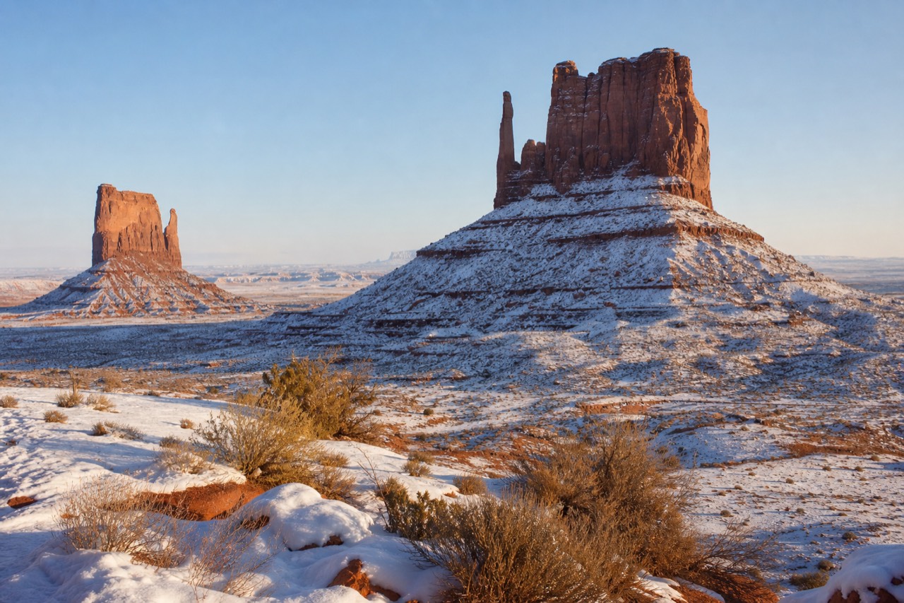 Snow dusting the red sandstone buttes of Monument Valley under a cold clear winter sky