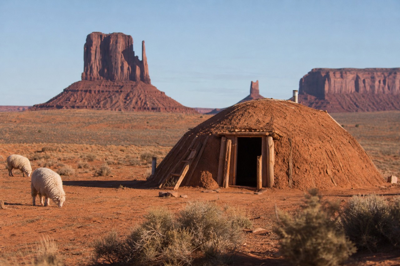 A Navajo hogan and grazing sheep on the red desert floor of Monument Valley, a living landscape
