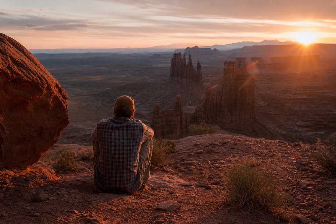 A lone traveler seen from behind at a quiet backcountry overlook as the sun sets over the spires