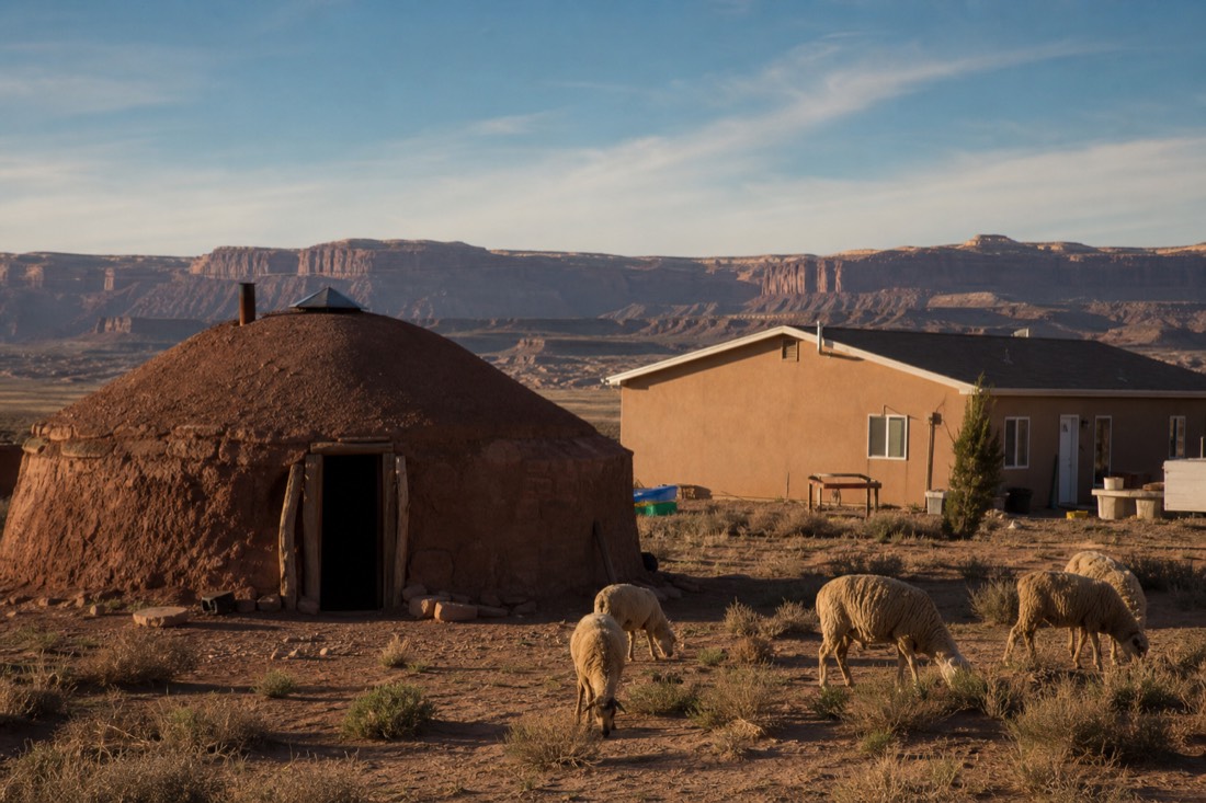 A traditional hogan beside a modern house on Navajo family land with grazing sheep and distant mesas