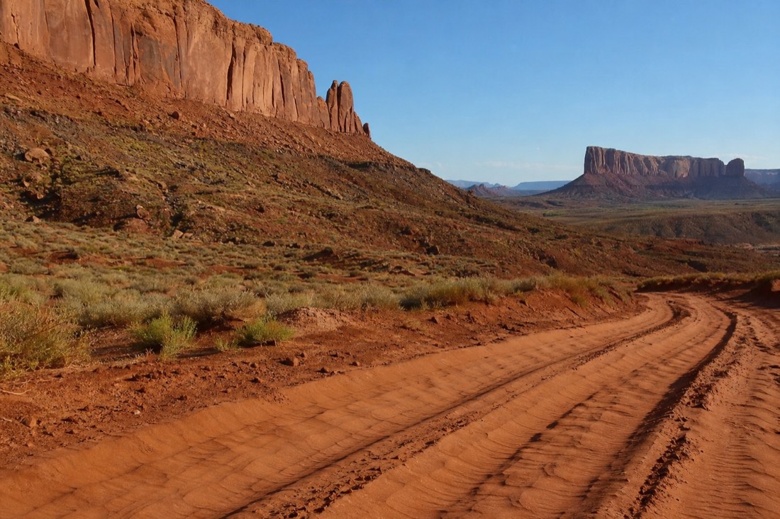 A washboard sandy stretch of Valley Drive with deep tire ruts curving below towering red buttes