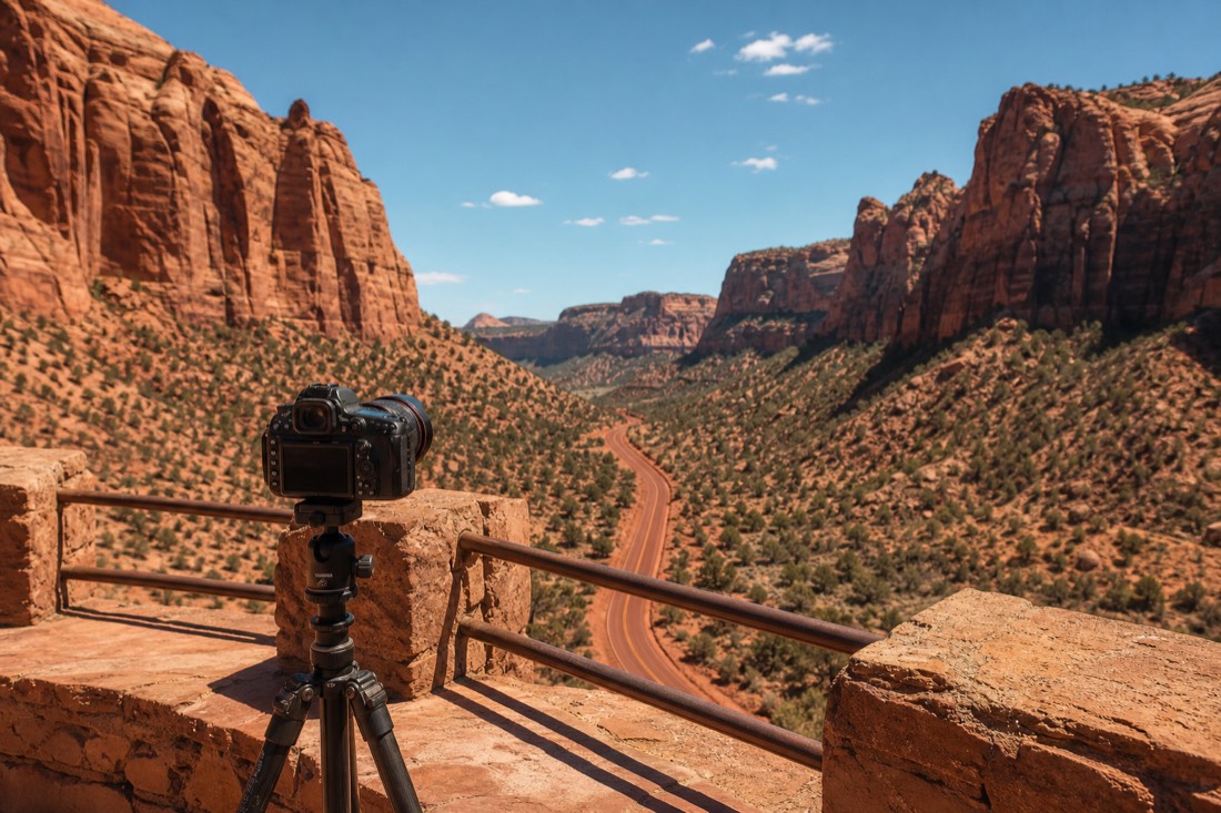 A camera on a tripod set up at a scenic overlook railing above the empty red-dirt Valley Drive at midday