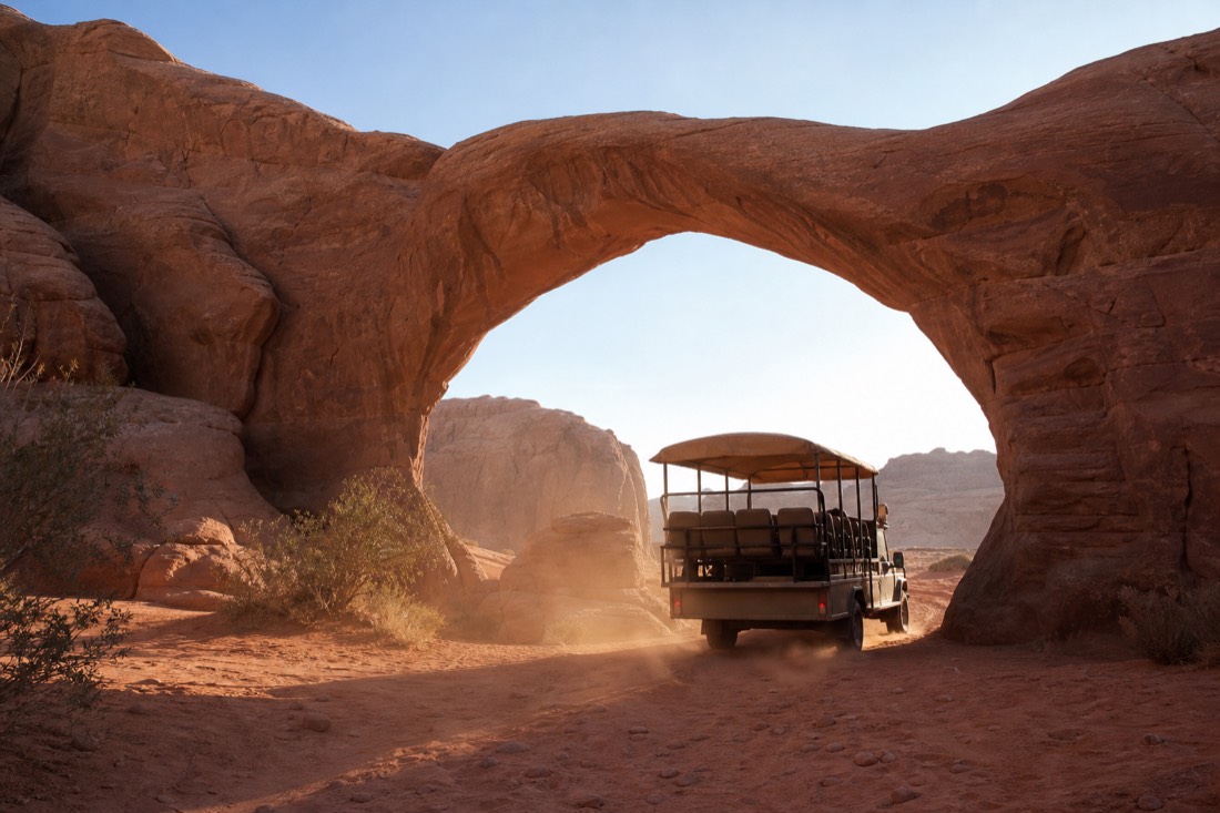 An open-air tour vehicle passing beneath a natural sandstone arch on red backcountry sand, dust hanging in the light