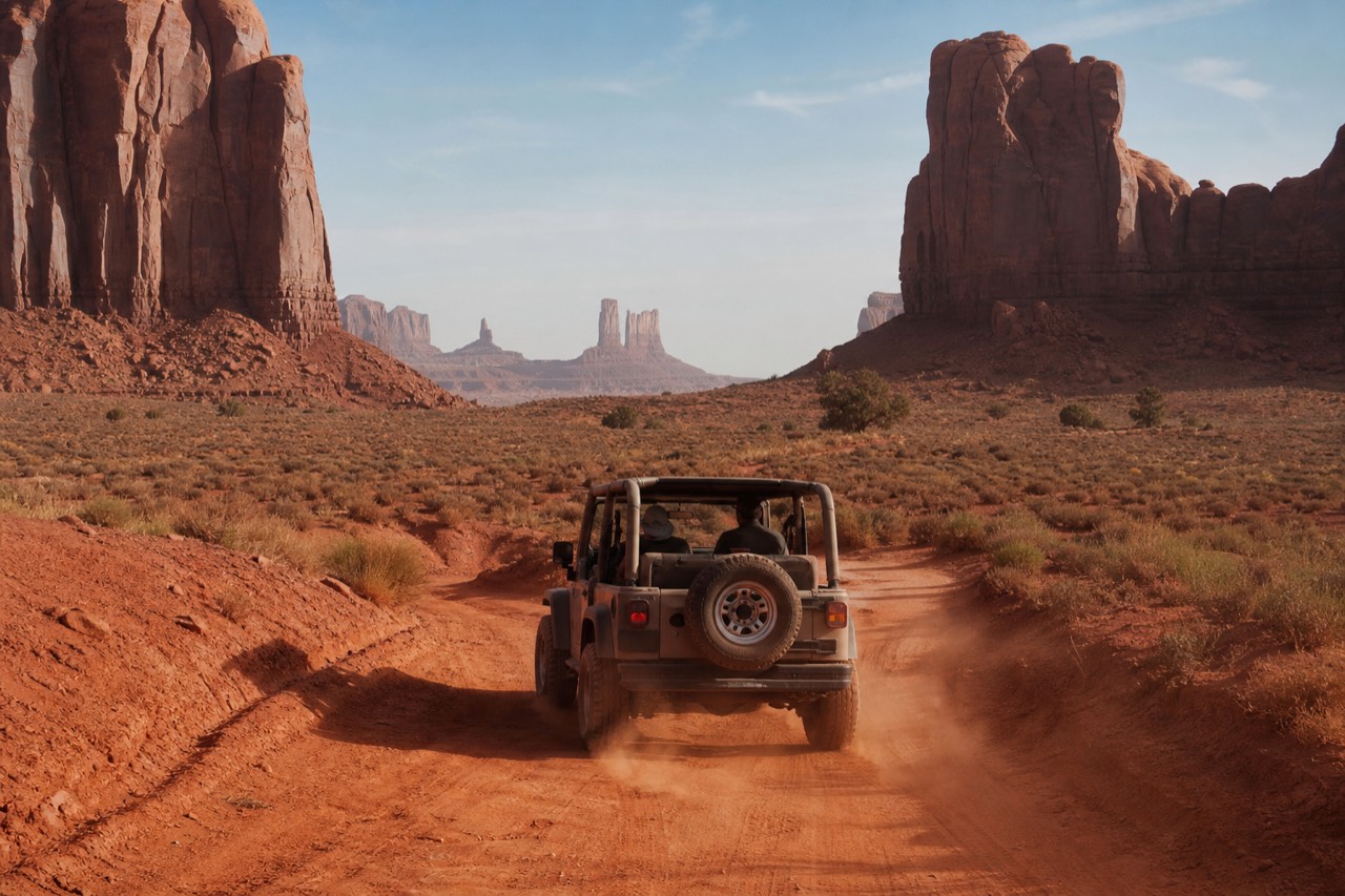 An open-air 4x4 jeep climbing a red sand track between the sandstone buttes of Monument Valley